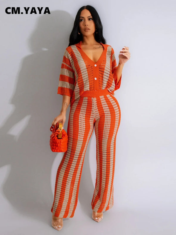 CM.YAYA Knit Ribbon Women's Set Short Sleeve Shirts and Wide Leg Pants 2024 Summer Beach Two 2 Piece Sets Outfits Tracksuit