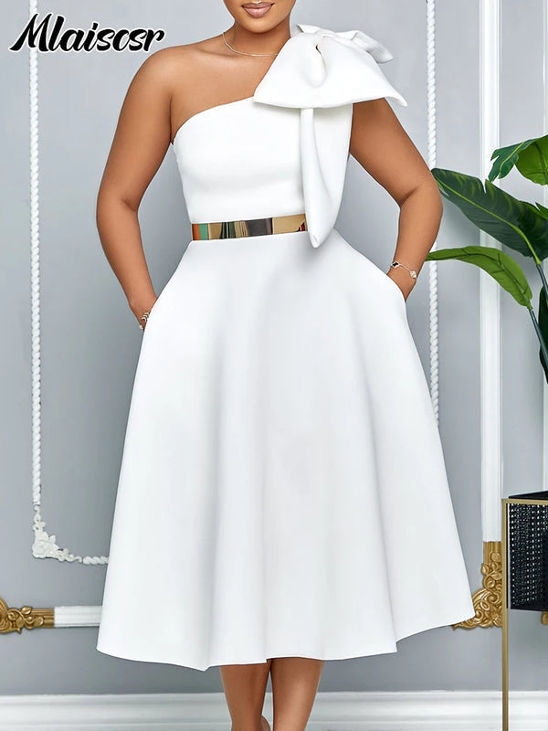 Mlaiscsr Woman One Shoulder Bow High Waisted Birthday Party Wedding Elegant A Line Pleated White Mid Dresses with Belt Outfits