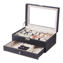 6 Watch Slots Luxury Black Leather Jewellery Box Multiple Compartments with Transparent Lid and Velvet Lining