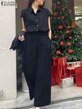 ZANZEA 2025 Summer Wide Leg Pants 2-Pieces Suits Elegant Commute Solid Causal Pant Sets Short Sleeve Shirt Women Trouser Outfits