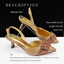 Spot Goods Italian Fashion Women Heels Elegant Color Block Design Brown Shoes And Bag Full Rhinestone Party Bag