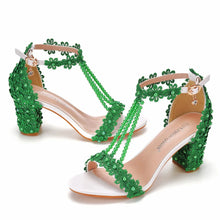 Plus Size 34-43 Shoes for Women Summer Lace Flower Sandals Peep Toe Fashion String Bead High Heel Party Wedding Evening Shoes