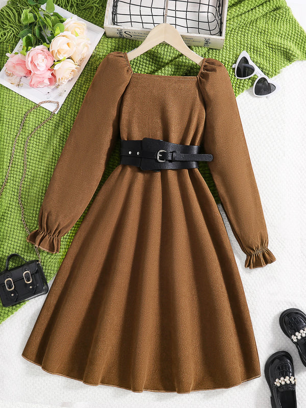 Spring and autumn new girls fashion French retro long sleeve waist slimming A line pleated dress