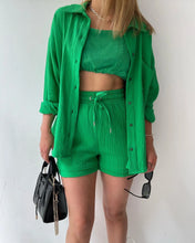 Women's Short Sets 2 Pcs Sale Grass Green Loose Button Cardigan Blouse Coats & Drawstring Wide Leg Loose Short Pant Suits
