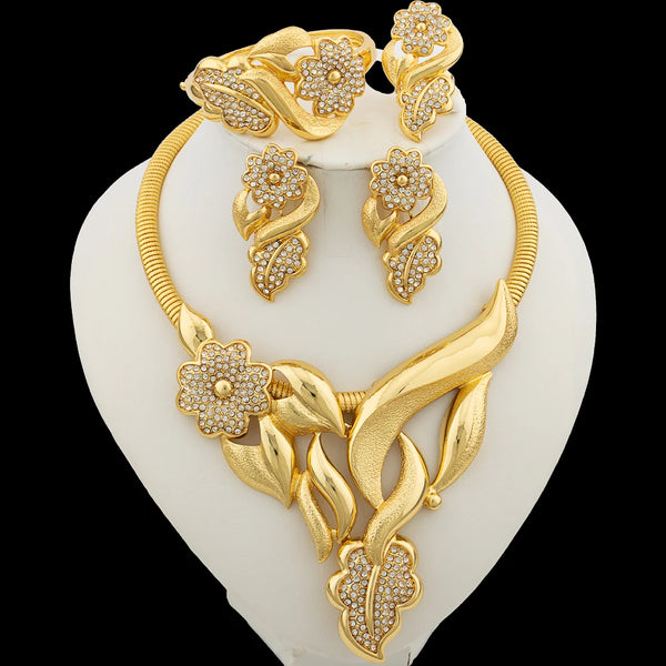 Luxury Flower Design Jewelry Set for Women, Gold Color Big Pendant Necklace and Earrings Bridal Weddings Nigerian Accessories