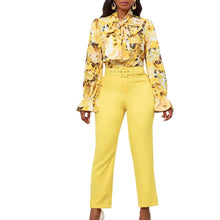 Fashion Print Two Piece Set Women Office Suits Tie Bow Neck Button Shirt + Belt Pencil Pants Elegant Slim Lady Sets Casual shirt