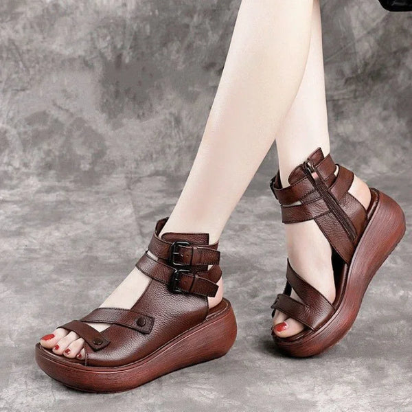 Women's Sandals Summer 2024 Mid Heeled Wedges Shoes for Women Retro Leather Gladiator Sandals Platform Rome Sandalias De Mujer