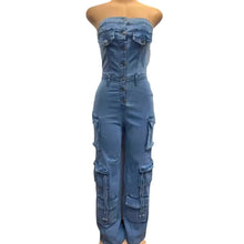 CM.YAYA Women Strapless Sleeveless Wide Leg Jeans Jumpsuits Button Pockets Cargo Street Night Playsuit One Piece Suit Rompers