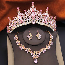 3 Pcs Princess Wedding Crown Jewelry Sets and Tiaras Green Pink Bride Necklace Earrings Set Girls Prom Birthday Accessory