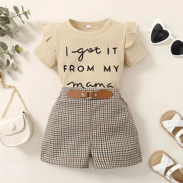 2PCS Toddler Baby Girl Clothing Set Letter Print Short Sleeve Top+Checkered Shorts Fashion Casual Suits for Kids Girl 1-6 Years