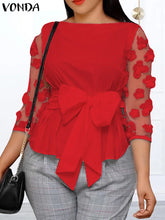 Plus Size 5XL VONDA Women Mesh Blouses 2024 Summer Bohemian Patchwork Tops Belted Blusas Casual Flowers Loose Shirt Oversize