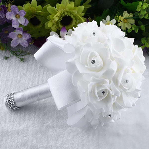 Cheapest PE Rose Bridesmaid Wedding Foam flowers Rose Bridal bouquet Ribbon Fake Wedding bouquet