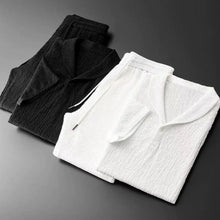 2Pcs/Set Summer Men's Suit Elastic Waistband Pleated Casual Outfit Men Business Short Sleeve Shirts Long Pants Set Male Clothing
