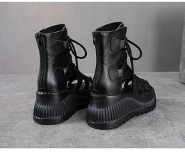Koznoy 8cm Ethnic Cow Genuine Leather Ankle Booties Women Hollow Peep Toe Platform Wedge Breathable Zip Summer Fashion Shoes