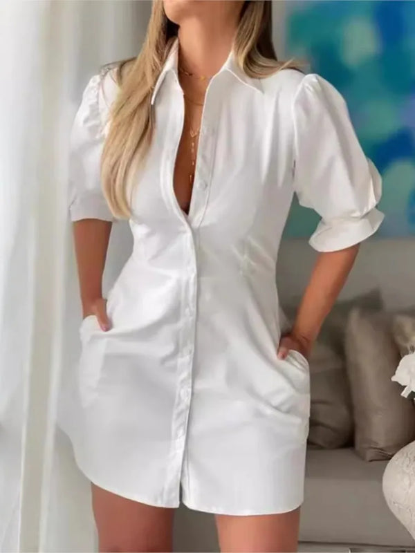 Summer Fashion White Turn-down Collar Shirt Mini Dress Elegant Women Casual Lantern Sleeve Button Pocket High Waist Slim Dresses