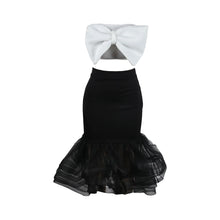 K2825 Sexy Slimming European Style Color Blocking Strapless Bow Mesh Bodycon Skirt Suit Smooths Your Silhouette