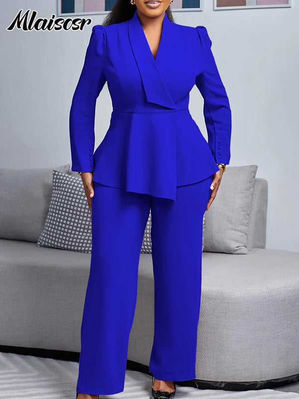 Mlaiscsr Office Lady Two Pieces Set Elegant Long Sleeves Tops and Wide Leg Straight Leg Pants Women Work Wear Business Suit 2025