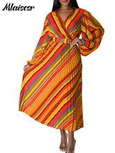 Mlaiscsr Elegant Striped Printed V Neck Long Sleeve High Waisted Pleated Mid Dresses Women Boho Beach Party Evening Vestidos New