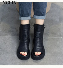 2024 New Summer Women Sandals Round Toe Chunky Heel Platform Shoes Genunine Leather Cover Heel GLADIATOR Sandals Women Handmade