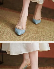 Women Sandals Rivets Pointed Toe Slingbacks Patent Leather Mid Heels Pumps Blue Snakeskin Pattern Slip on Sandalias Mujer