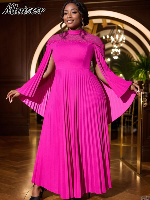 Mlaiscsr Women Mesh Patchwork Pleated A-Line Festival Party Dress Cloak Sleeve O-Neck African Evening Prom Birthday Vestidos New