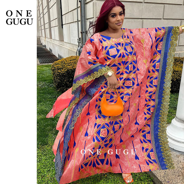 African Women Bazin Dress Mix Size Peach Embroidery Basin Riche Dashiki Robe For Nigerian Ankara Bride Wedding Dress Clothing