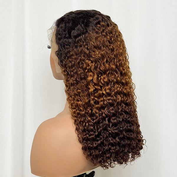 Double Drawn 250% Density Ombre 18 Inches Water Wave Curly Human Hair Wigs 13x4 Transparent Lace Frontal Hair Wig for Women