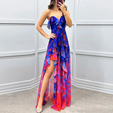 Women Sexy Strapless Ruffle Irregular Maxi Dress Spring Print Mesh Pleated Long Dress Summer Off Shoulder Backless Party Dresses