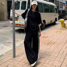 Spring/Summer Loose Casual Set Women's Stripe Short Sleeved T-shirt Wearing Floor Sweeping Wide Legged Pants Two Piece Set