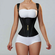 Latex waist cincher corset-style tummy control belt with zipper and button closure, retro shaping top.