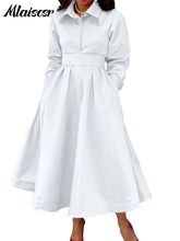 Mlaiscsr Lapel Button A Lint Khaki Mid Dress Women Elegant Office Long Sleeve Bandage Pocket Pleated Birthday Commuter Vestidos