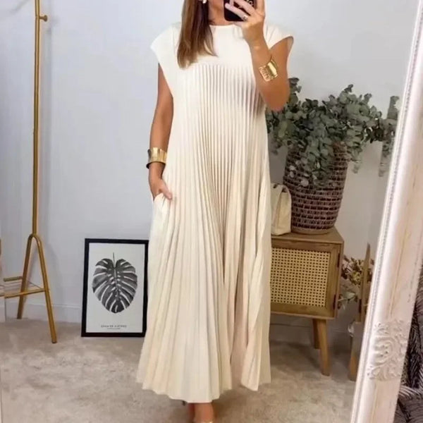 Loose Solid Color Loose Waist Large Hem Long Dress Summer New Fashion O-Neck Sleeveless Pleated Maxi Women's Dress Femme Robe
