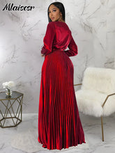 Mlaiscsr Elegant Wedding Guest Pleated Long Dress Women V Neck Lantern Sleeves Sashes Big Swing Sexy Birthday Party Evening Robe