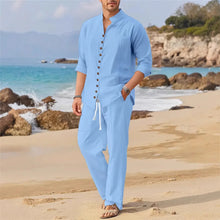 2025 Spring and autumn Cuban style fashion men's shirt trend casual multi-button stand collar loose long sleeve pants beach suit