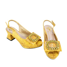 2025 Autumn New Design Specials Italian Women Shoes and Bag Set Comfortable Mid Heels With Rhinestone in Yellow Color