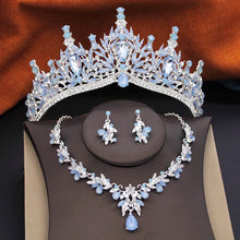 3 Pcs Princess Wedding Crown Jewelry Sets and Tiaras Green Pink Bride Necklace Earrings Set Girls Prom Birthday Accessory