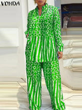 Plus Size 5XL VONDA Women Matching Sets 2024 Fashion Long Sleeve Suits Polka Dot Striped Shirts And Elastic Waist Pant Sets