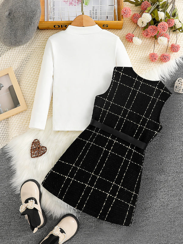 Spring 2025 Fashion Kids 2-piece ceremonial dress for cute girls  Solid color crew neck shirt + plaid lapel skirt suit