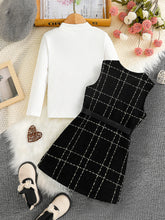 Spring 2025 Fashion Kids 2-piece ceremonial dress for cute girls  Solid color crew neck shirt + plaid lapel skirt suit
