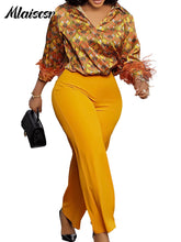 Mlaiscsr Elegant Print Feather Long Sleeve and Wide Leg Pants 2 Pieces Women Matching Sets Fashion Office Lady Birthday Outfits