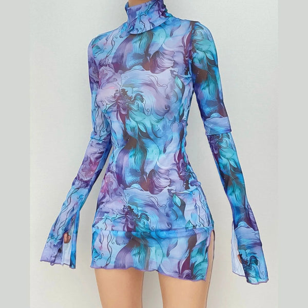 Top Selling Mesh Printed Round Neck Womens Dresses For Teens Plus Size Bell Sleeve Side Open Hip Dress Vestidos Para Mujer