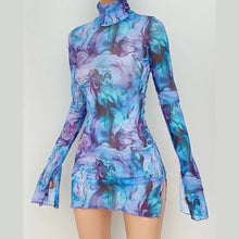 Top Selling Mesh Printed Round Neck Womens Dresses For Teens Plus Size Bell Sleeve Side Open Hip Dress Vestidos Para Mujer
