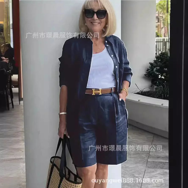 2025 Elegant 2-Piece Sets For Women Womens Cardigan Shirt Top Summer Solid Color Casual Shorts Two Piece New In Matching Sets