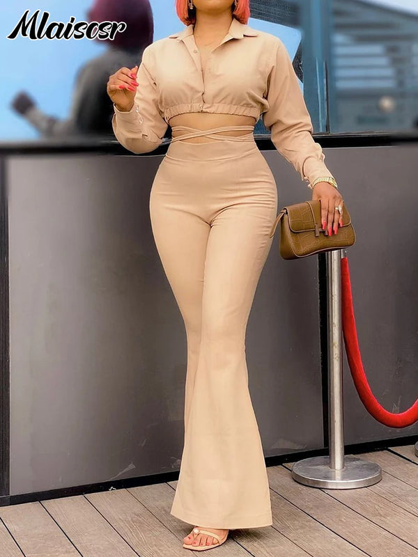 Mlaiscsr Fashion Two 2 Pieces Pants for Women’s Sets Elegant Crop Tops and Flared Trousers Matching Sportys Outfits Tracksuits