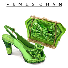 Venus Chan Open Toe Women Heels for 2024 Elegant Party Green Color Diamond Pumps Italian Shoes and Bags Matching Set