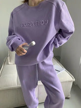 Women's Purple Sports Suit Spring And Autumn 2023 New Casual Fashion Style Loose Long Sleeve Sweater Tops Pants 2 Two Piece Set