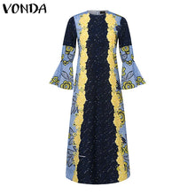 VONDA Bohemian Vestidos 2024 Women Casual Flared Long Sleeve Maxi Dresses Round Neck Loose Print Sundress Ruffles Pleated Robes