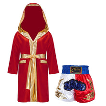 Kids Boys Boxing Sets Sports Outfits Halloween Cosplay Costume Long Sleeve Open Front Robe Satin Hooded Cloak with Belt Shorts