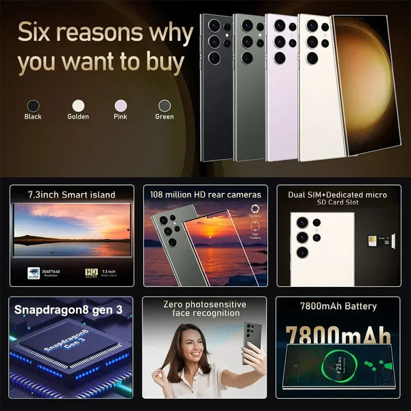 New S24 Ultra Original Smartphone 7.3HD 5G Snapdragon 8 Gen 3 Cellphones 7800mAh Mobile Phones Face Unlocked Cell Phone Android