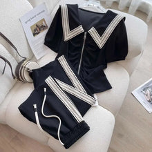 2024 New Leisure Fashion Sports Set Women's Summer Fashion Age Reducing Navy Neck Short Sleeve Wide Leg Pants Two Piece Set